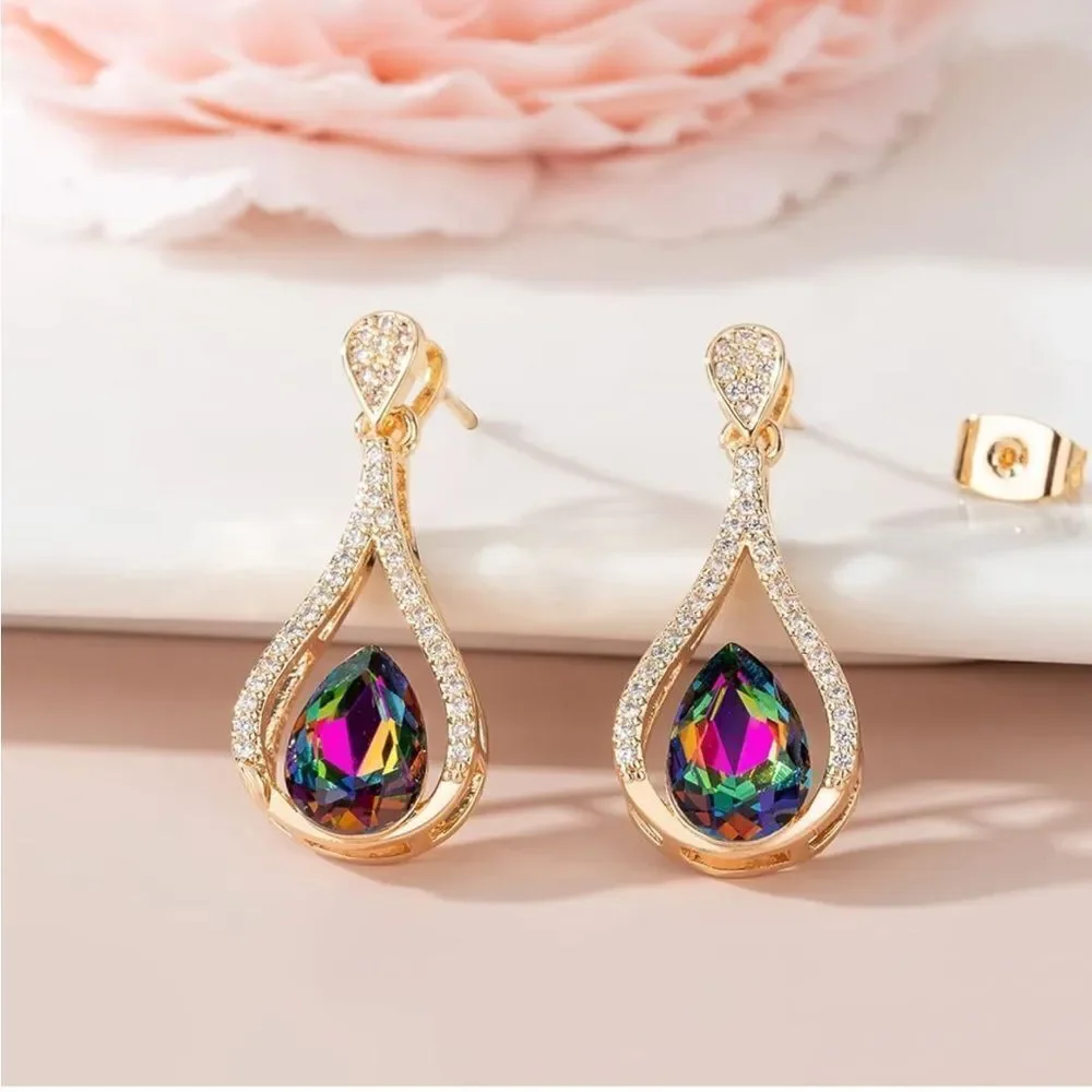 14K Yellow Gold with Vitrail Medium Austrian Crystal Halo Teardrop Post Earrings